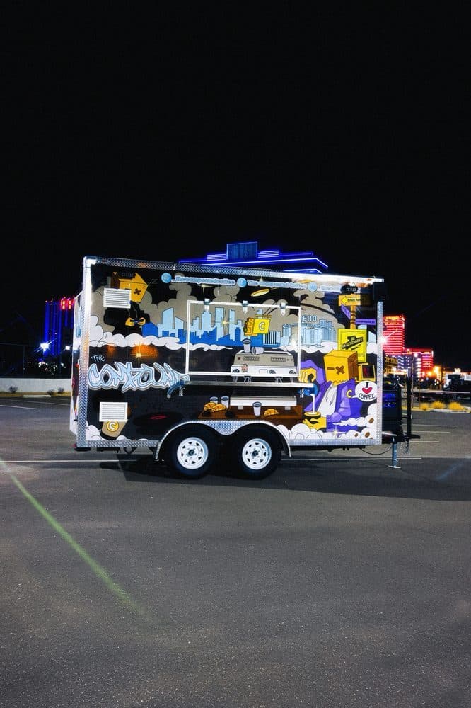 The truck lit up at night
